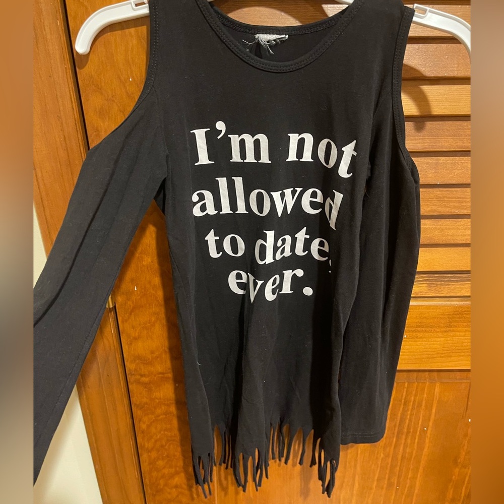 Girls “I’m not allowed to date ever” cold shoulder‎ fringed shirt dress